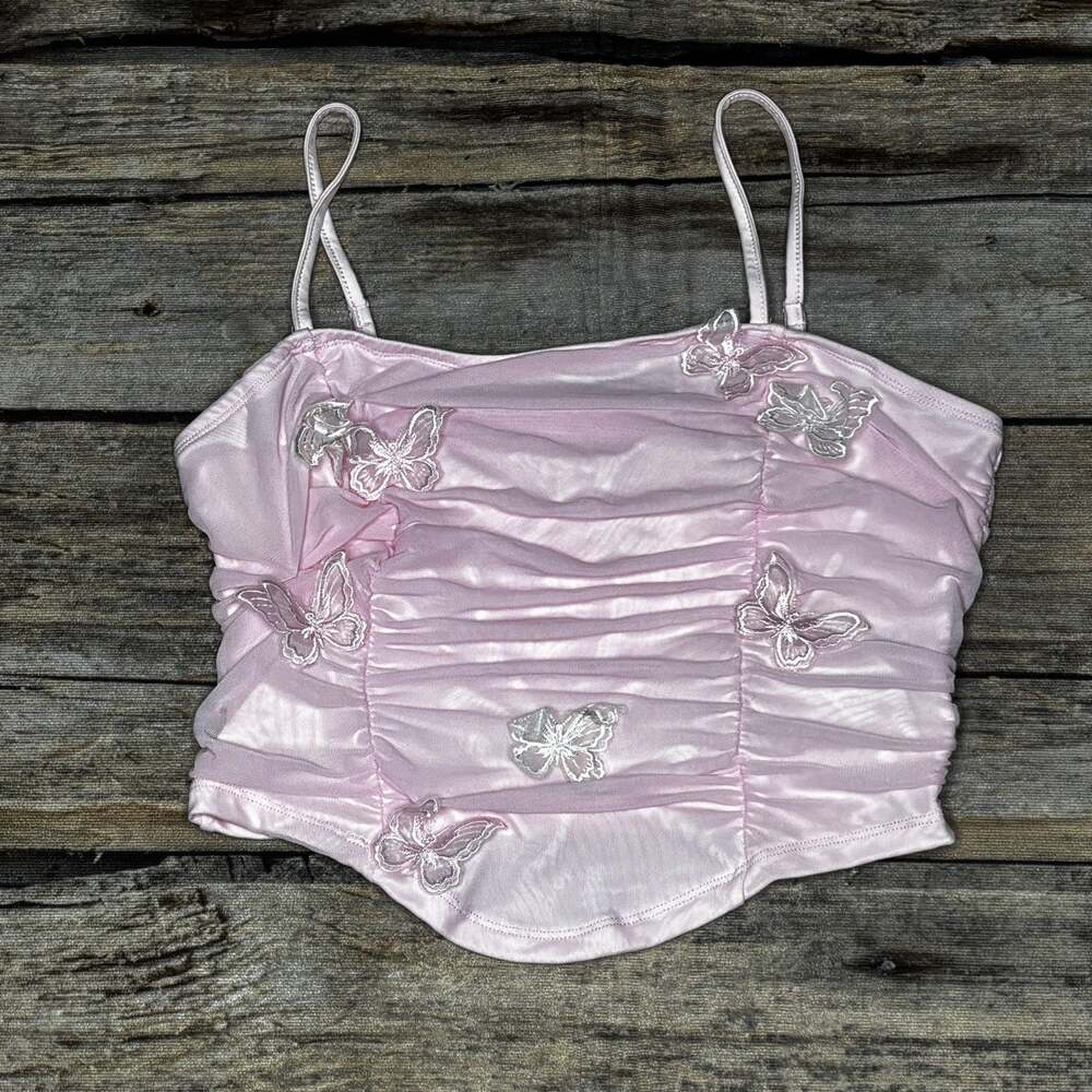SHEIN MOD Womens Pink Butterfly Crop Top Mesh Ruched Cami Tank NWT Size L (8/10)